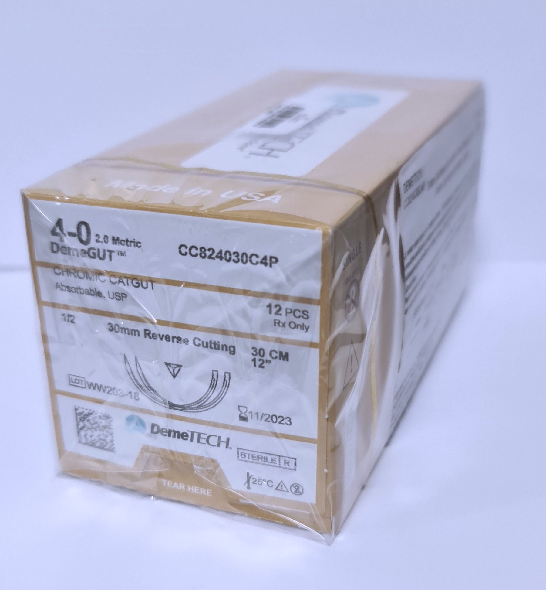 CC824030C4P CATGUT CROMICO 4-0 AGUJA REVERSO CORTANTE 30 MM 1/2 CIRCULO DOBLE ARMADA 30 CM HEBRA COLOR CAFÉ CAJA C/12 PIEZAS